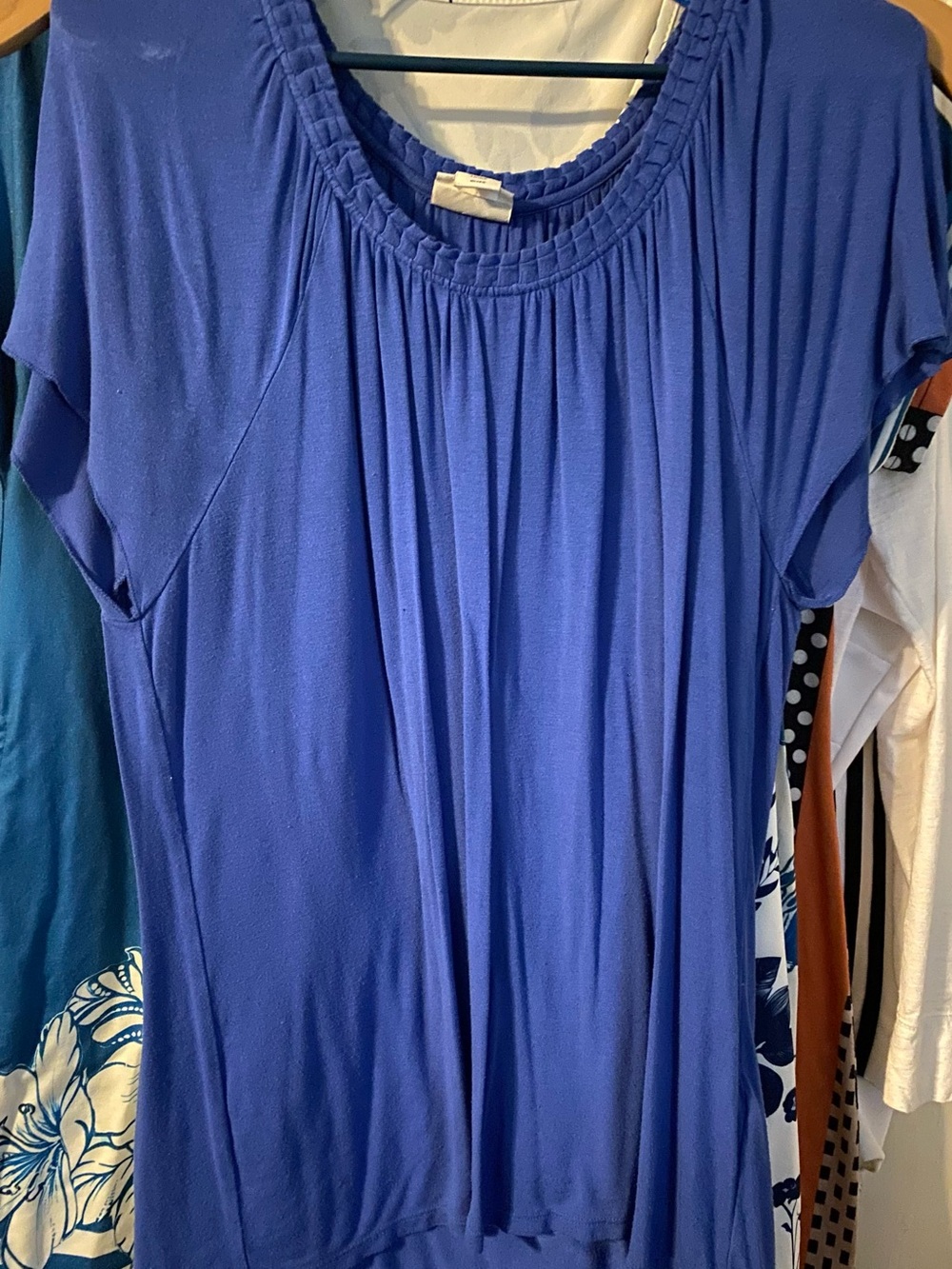 Women's Blue Gathered Neck Short Sleeve Top